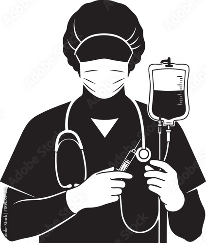 Medical professional administering intravenous blood transfusion.