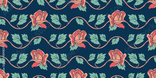 Seamless wallpaper with spring roses on a dark background. Decorative floral Pattern. Secret garden graphic aesthetic