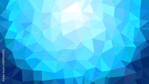 Abstract blue low poly geometric background with triangular shapes and bright white light center. Modern futuristic polygonal wallpaper for technology and creative design.