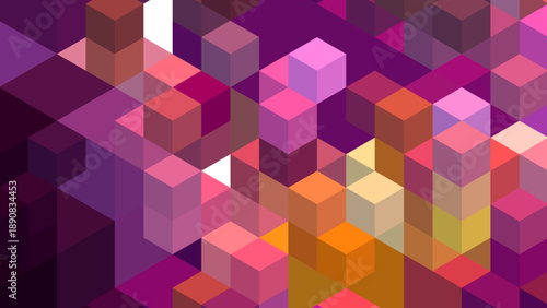 Abstract 3D isometric cubes background with vibrant purple, pink, and orange gradient. Modern pixel art style geometric pattern for creative graphic design and tech wallpaper.