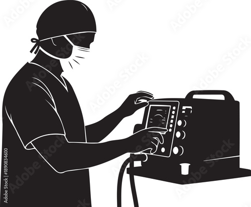 Medical professional operating ventilator machine in hospital.