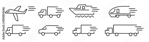 delivery icons set truck plane train plane car variou