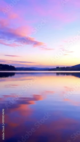 Vibrant Water Reflections An immersive, locked camera shot focusing on the mirror-like quality of the lake, where the reflections of the sky's vivid pastel colors create a dynamic yet serene scene.