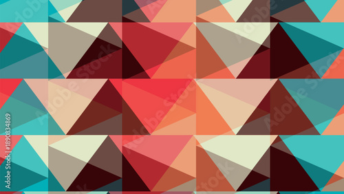 Abstract geometric pattern with colorful overlapping triangles in retro style. Modern vibrant mosaic background for creative graphic design and digital wallpaper.