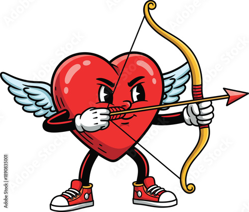 Determined cartoon heart cupid with wings aiming a bow and arrow.
