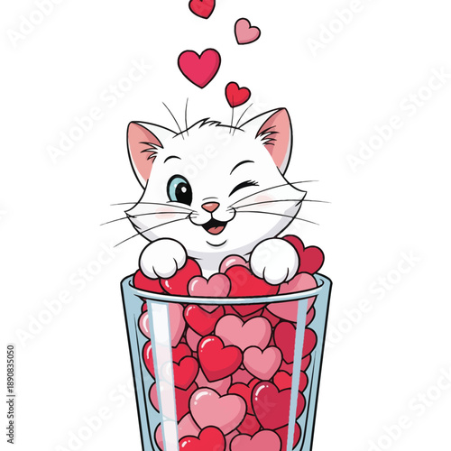 Cute winking white cartoon kitten peeking out of a glass full of red and pink hearts.