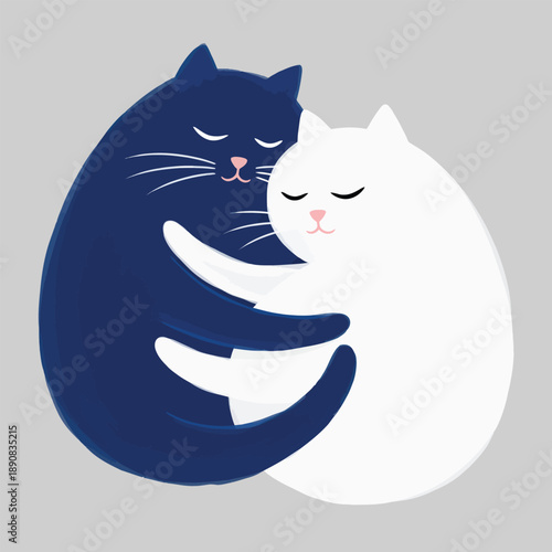 Minimalist illustration of a dark blue and a white cat hugging with closed eyes forming a yinyang symbol of love.