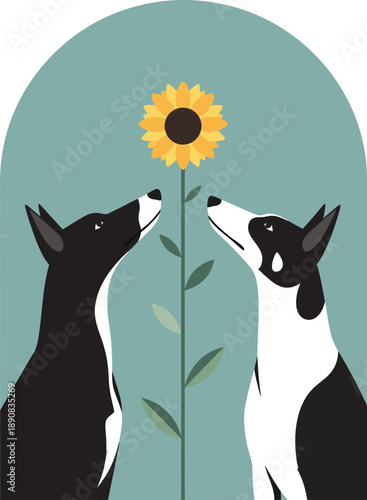 Minimalist illustration of two symmetrical black and white dogs gazing up at a single yellow sunflower.