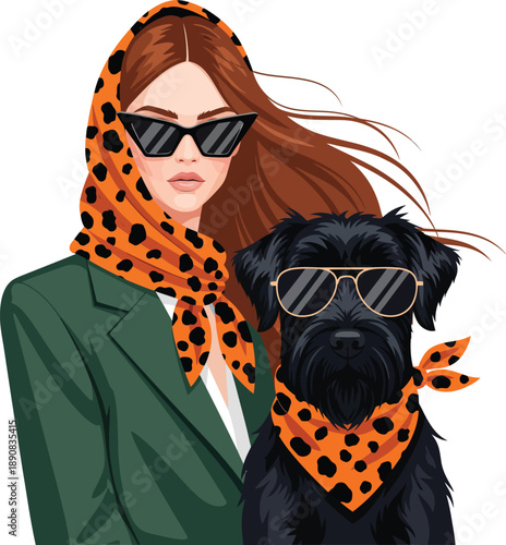 Stylish woman in a green blazer and a black Schnauzer dog wearing matching orange polka dot scarves and sunglasses.