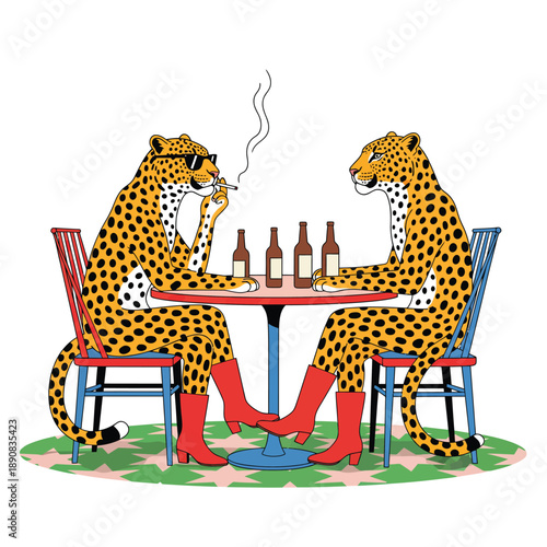 Two anthropomorphic cheetahs in red highheeled boots sit at a table one smoking a cigarette.