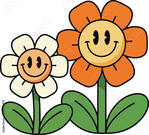 Two Cheerful Retro Cartoon Flowers with Orange and White Petals and Smiley Faces.