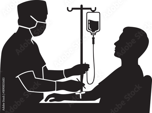 Silhouette of Medical Professional Administering IV Drip to Patient.