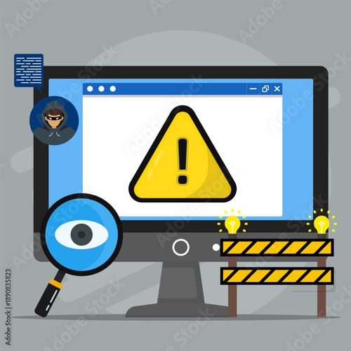 Computer screen displaying yellow warning sign under magnifying glass inspection, with hooded hacker, idea bulbs, and caution barriers. Concept of cybersecurity threats and detection.