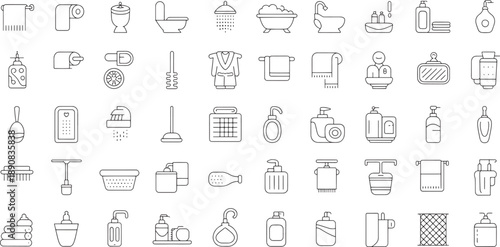 Various bathroom objects and accessories line icons on white background
