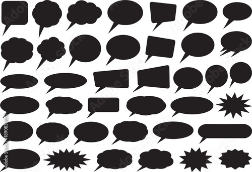Various black speech bubbles and conversation icons on white background