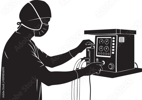 Silhouette of Medical Professional Operating Equipment.