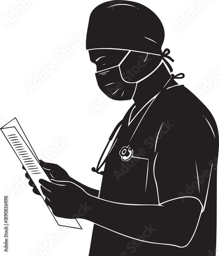 Silhouette of Medical Professional Wearing Mask Reading Document.