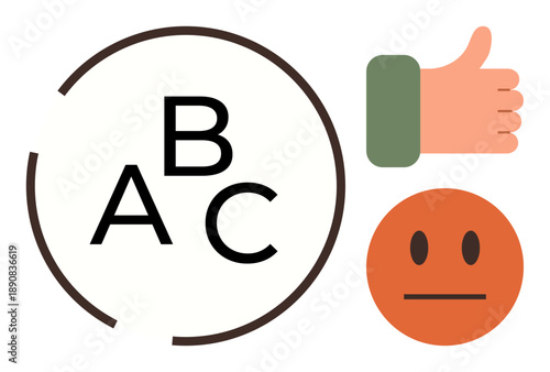 Decision-making, evaluation tools, educational choices, approval feedback, neutral opinions, learning concepts. ABC letters in a circle, thumbs-up and neutral face. Decision-making and evaluation