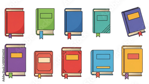 Vibrant Set of Flat Vector Book Icons with Bookmarks, Representing Education, Reading, and Knowledge on White Background