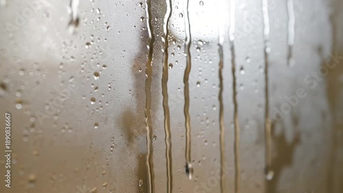 Abstract Steam Texture An artistic, shallow depth of field shot of steam condensation on a smooth glass surface, highlighting the intricate patterns and blurred background.