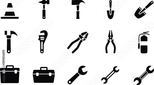 Construction tools silhouette vector set with hammer wrench pliers shovel toolbox safety equipment icons isolated on white background illustration