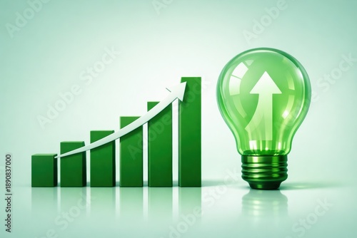 Green Energy: An image of financial growth, represented by a rising bar graph, is juxtaposed with a glowing lightbulb, illustrating the connection between sustainable energy and economic prosperity.