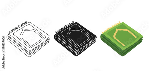 Prayer Mat Vector Set in Three Styles — Line Art, Silhouette and Color Version for Islamic Design, App UI, Posters and Branding