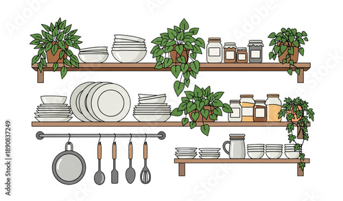 Cozy kitchen essentials on shelves with hanging utensils and plants vector isolated on transparent background