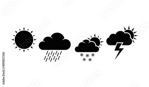 Black weather icon set sun cloud rain snow thunderstorm vector isolated on transparent background