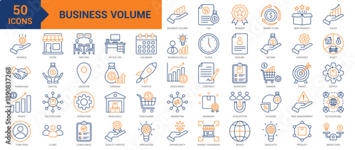Business Volume colored line icon collection set. Containing sales, revenue, new product, tax, reward, money flow, contract, profit, turnover, store, meeting, business skills, capital, startup icons