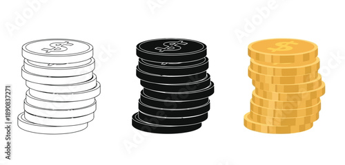 Cryptocurrency Coins Vector Set in Three Styles — Line Art, Silhouette and Color Version for Islamic Design, App UI, Posters and Branding