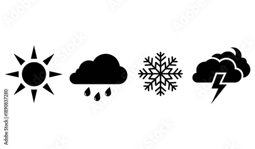 Minimal black weather symbols vector icon set sun cloud rain snow thunder isolated on transparent background
