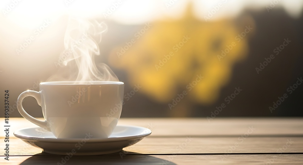 Obraz premium A steaming cup of coffee sitting on a wooden table in warm morning light