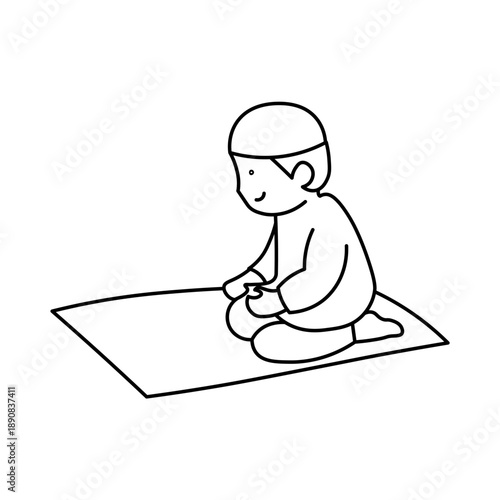 A simple line drawing of a young Muslim boy kneeling on a prayer mat, wearing a kufi cap and traditional clothing, with a serene expression.