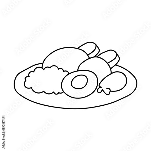 A simple black and white line drawing of a plate of food, featuring rice, sliced avocado, and what appears to be chicken or meat.