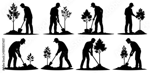 Male Gardener Silhouettes Set Planting Trees with Shovels on Transparent Background
