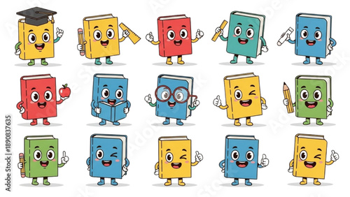 Cute cartoon books collection with happy faces, winking, holding pencils and an apple