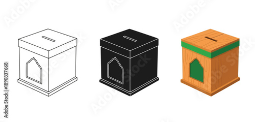 Voting Boxes for Elections Vector Set in Three Styles — Line Art, Silhouette and Color Version for Islamic Design, App UI, Posters and Branding