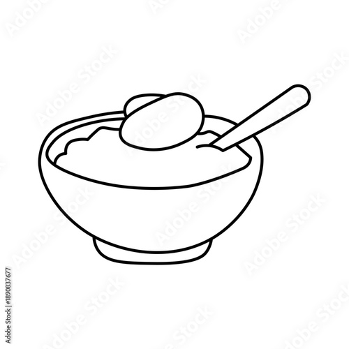 A simple black and white line drawing of a bowl of mashed potatoes with a spoon and a dollop on top.