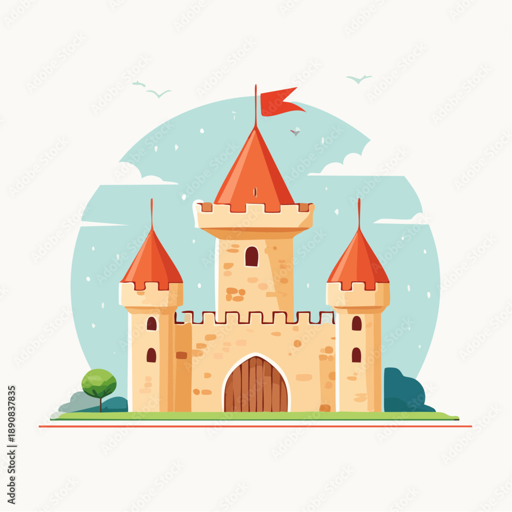 Fototapeta premium Château médiéval cartoon avec tours et drapeaux dans un paysage coloré