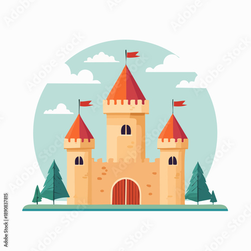 Château médiéval cartoon avec tours et drapeaux dans un paysage coloré