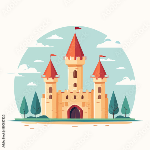 Château médiéval cartoon avec tours et drapeaux dans un paysage coloré