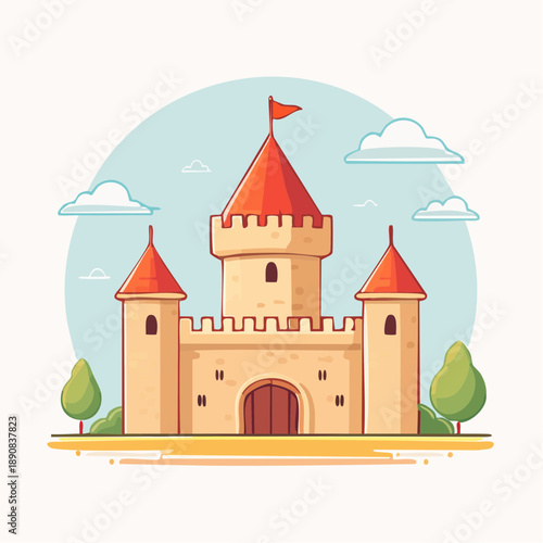 Château médiéval cartoon avec tours et drapeaux dans un paysage coloré