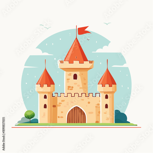 Château médiéval cartoon avec tours et drapeaux dans un paysage coloré