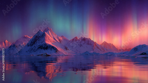 An awe-inspiring view of the northern lights dancing over snow-capped mountains and a calm lake. The sky is filled with vibrant colors of purple, green, and pink