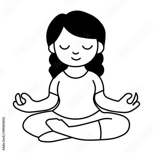 A simple black and white illustration of a young girl meditating peacefully in a lotus position with her eyes closed and hands resting on her knees.