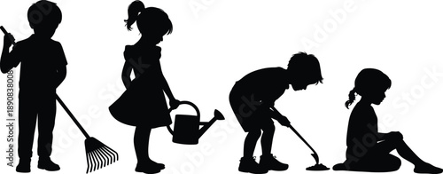 Children gardening silhouette vector set with kids raking watering planting outdoors, nature learning activity icons isolated on white background