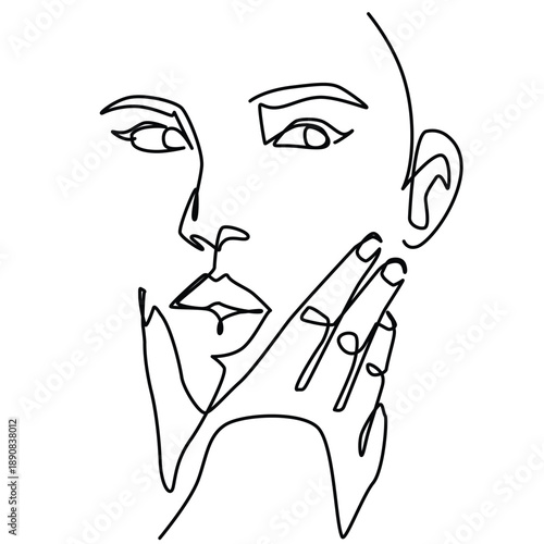 Young Woman Hand On Chin one line drawing. Young Woman Hand On Chin single line illustration. Young Woman Hand On Chin minimalist line art. Young Woman Hand On Chin vector art