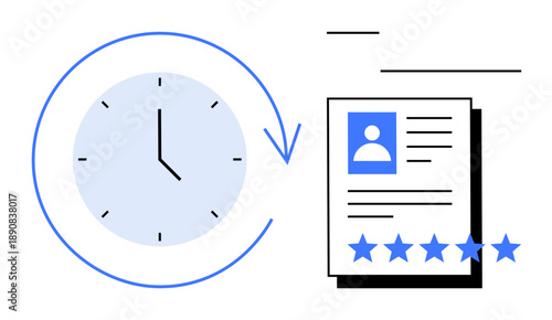 Clock and document with a user profile and five-star rating depict time tracking, productivity, and performance evaluation. Ideal for HR, project management, efficiency, reviews, performance metrics