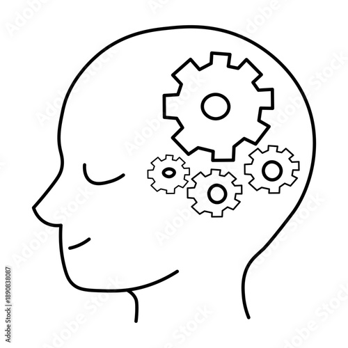 Outline drawing of a human head in profile with gears inside, symbolizing thought processes, intelligence, or mental mechanisms.